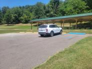 Front of shelter and parking lot