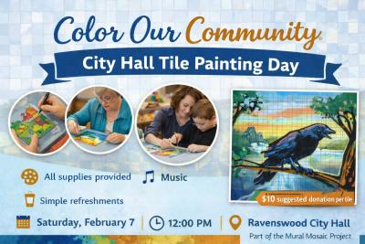 Image of mural with a bird, people painting tiles, event details as listed in the written body of this page