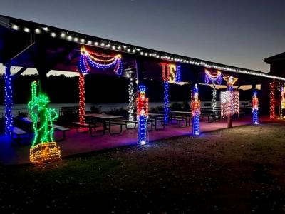 Photo of illuminated light display featuring red white and blue lights of soldiers and swags.  