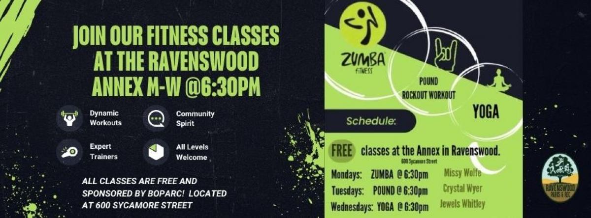 Banner indicating free zumba at the ravenswood annex 600 Sycamore street from 6:30 to 7:30pm on Mondays