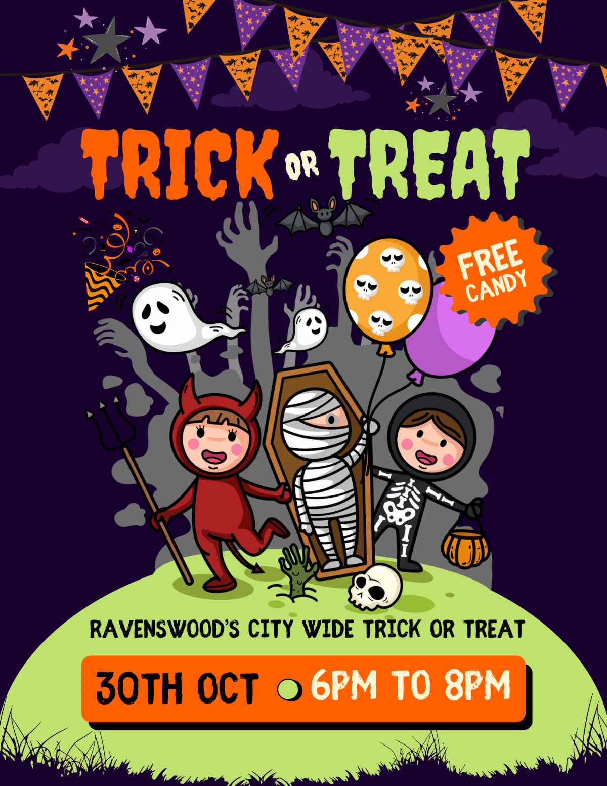 halloween trick or treat poster showing date and time