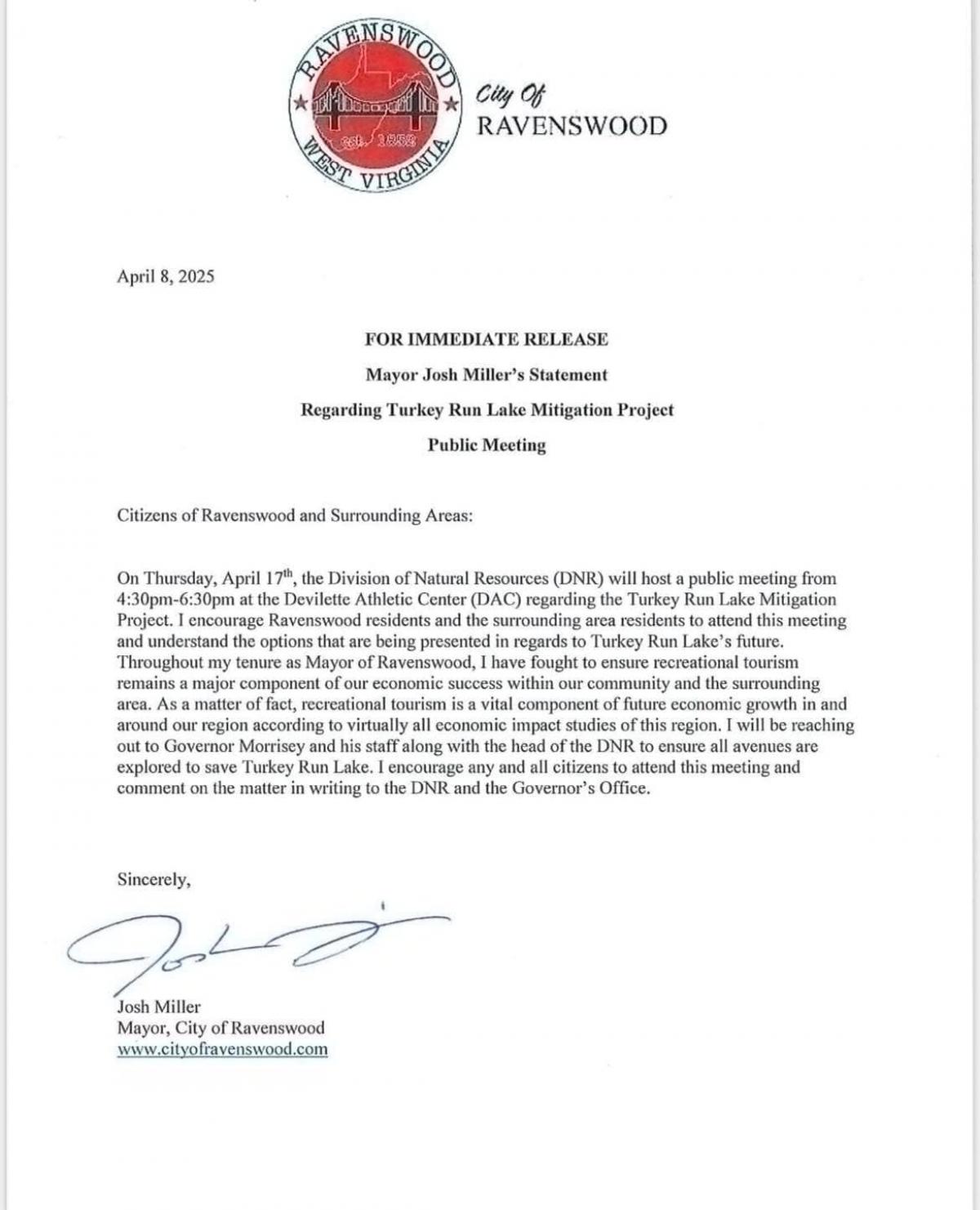 Image of Mayor Miller's statement
