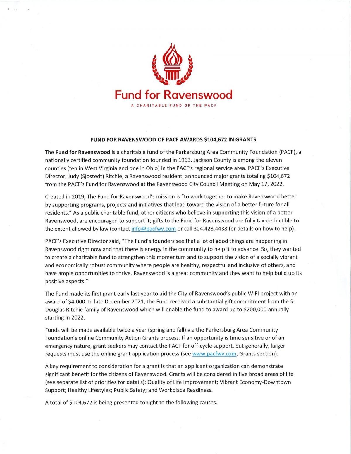 Fund for Ravenswood Award Letter pg. 1